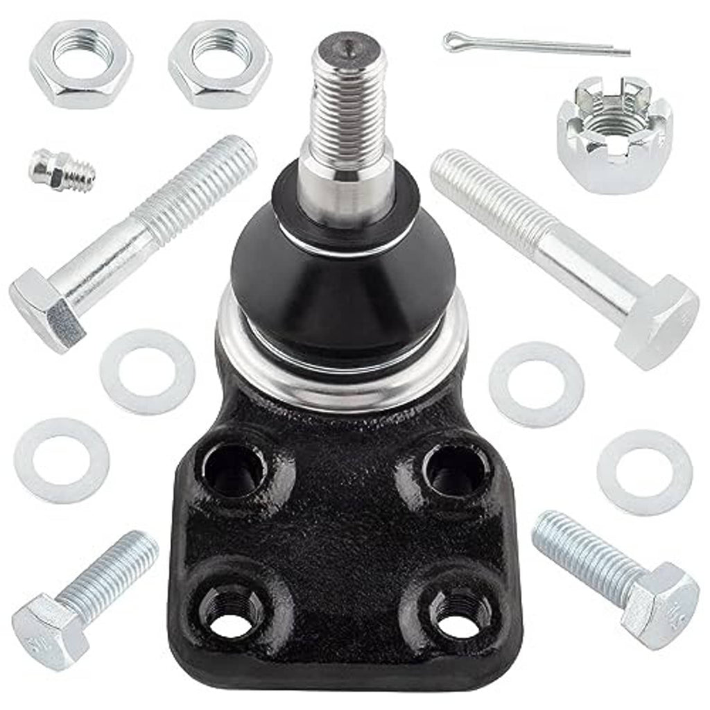 Ball joint with black housing, silver stud, and included washers, nuts, and bolts