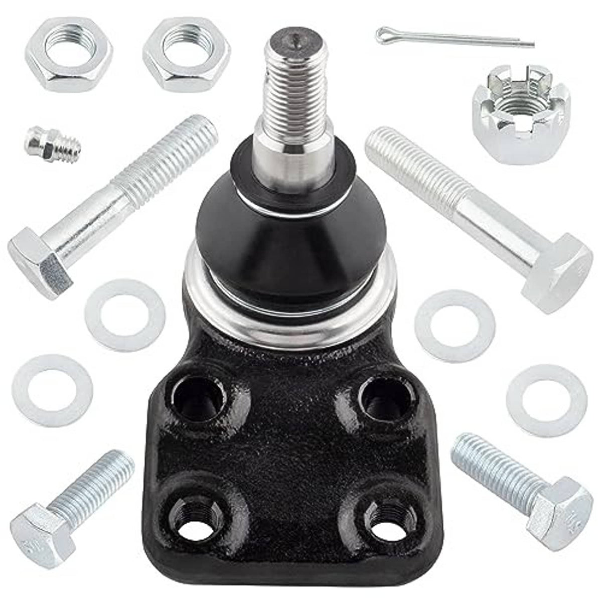 Ball joint with black housing, silver stud, and included washers, nuts, and bolts