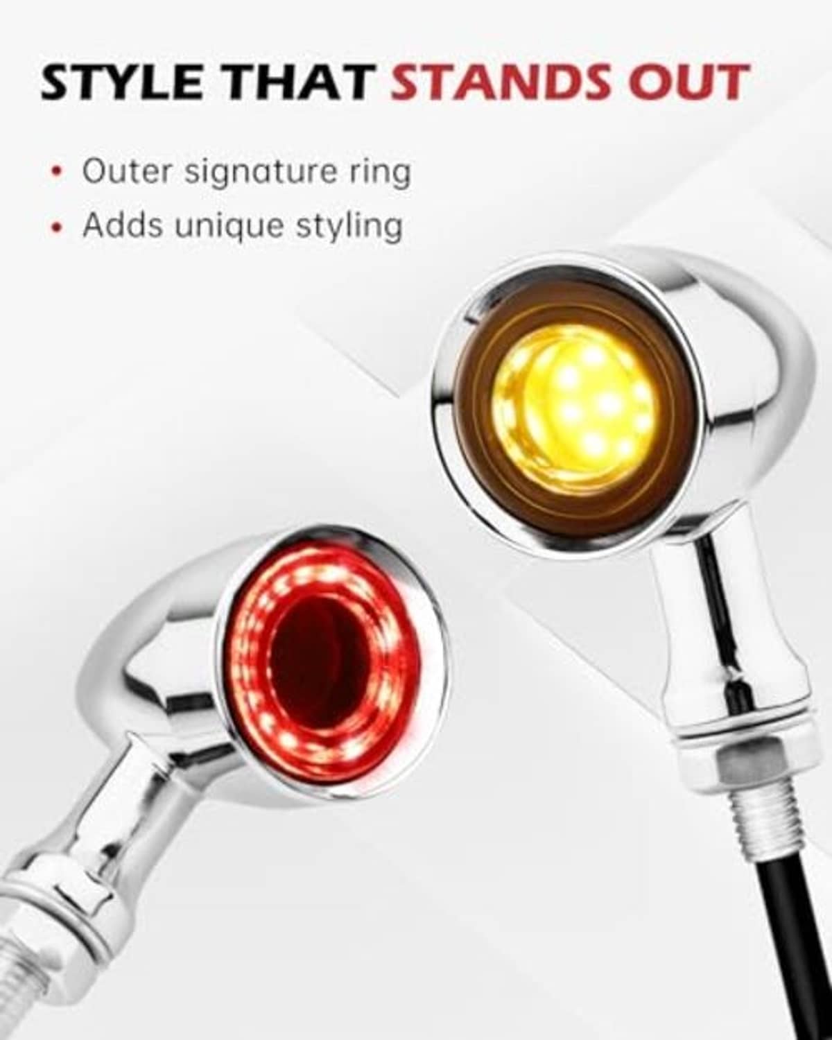 Chrome motorcycle LED turn signals with amber outer ring, red lens, and threaded base