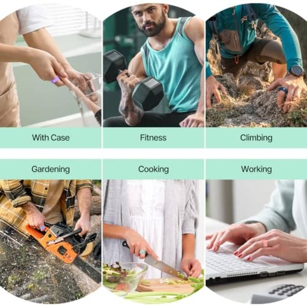 Silicone ring cover use-cases collage: with case, fitness, climbing, gardening, cooking, working