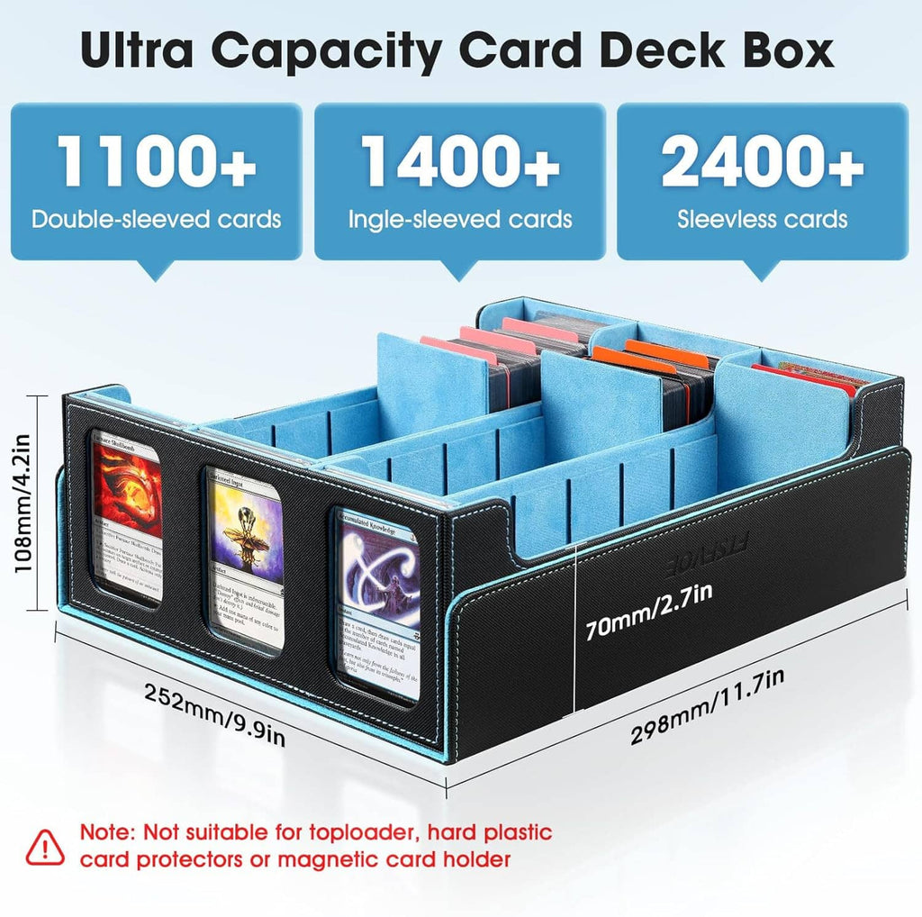 Trading card deck box with open compartments and blue divider slots, 2400+ capacity