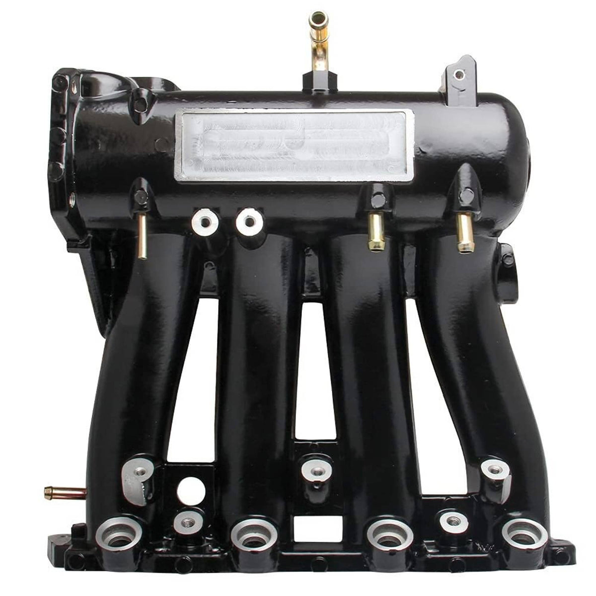 Black intake manifold with multiple mounting holes and steel fittings, glossy finish