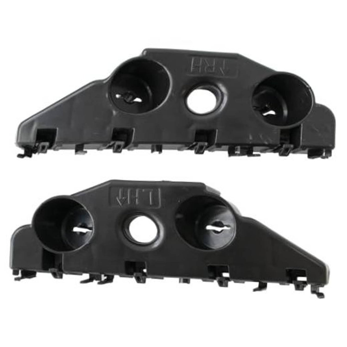 Front bumper bracket, black plastic housing with circular sockets and mounting tabs