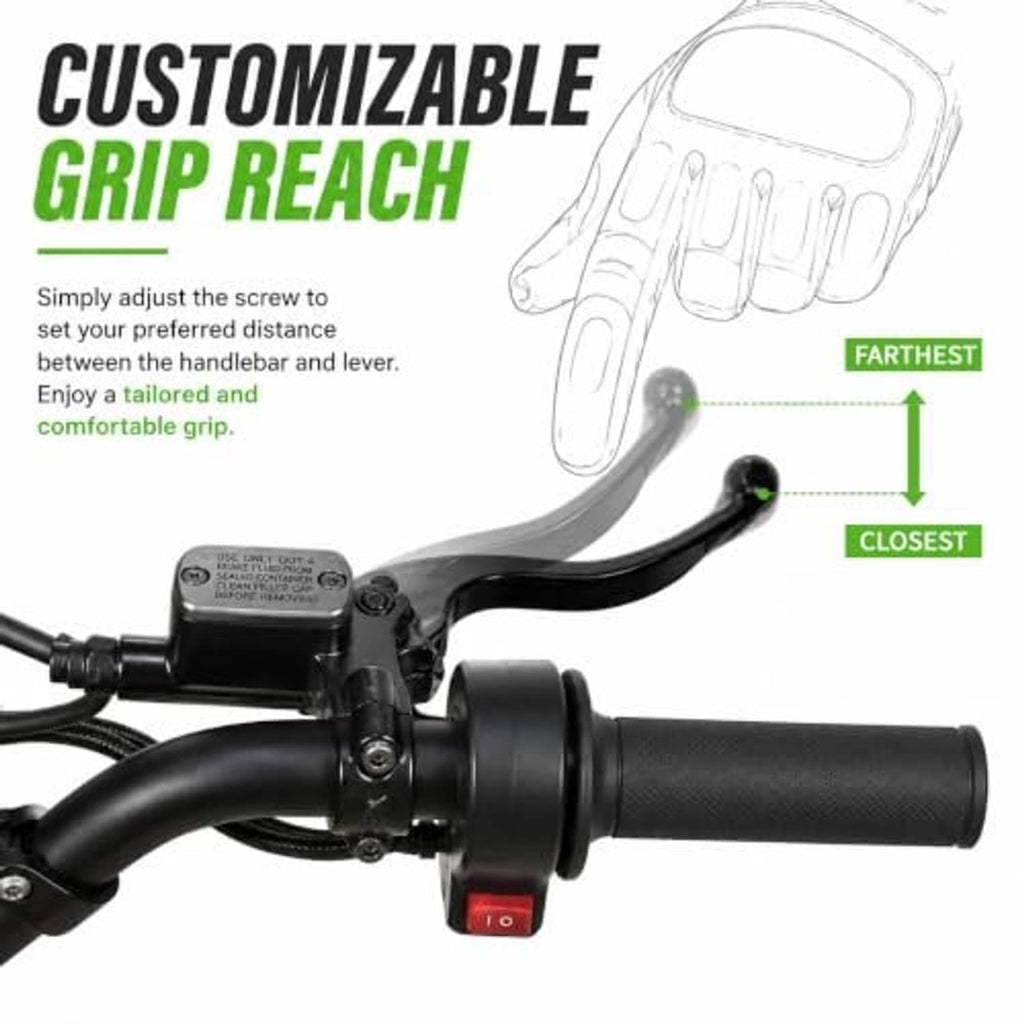 Black brake lever mounted on handlebar with textured rubber grip and control housing