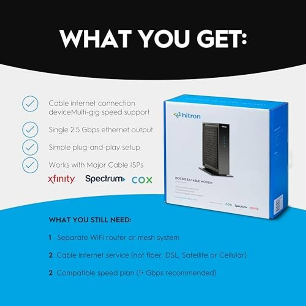 DOCSIS 3.1 cable modem box showing black modem