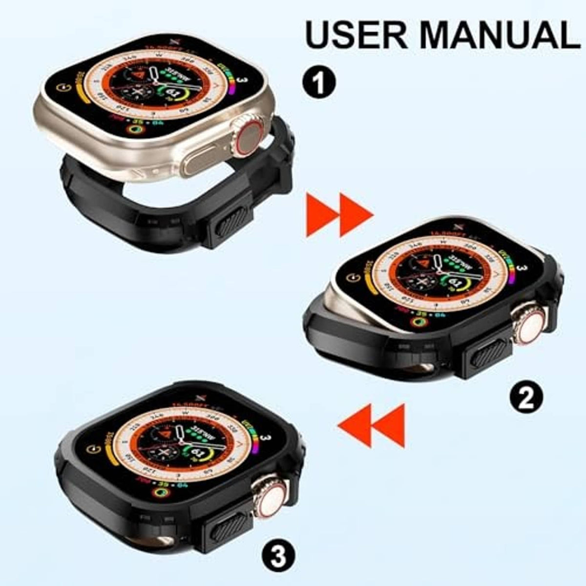 Apple Watch Ultra shockproof bumper shown in three setup steps with arrow indicators