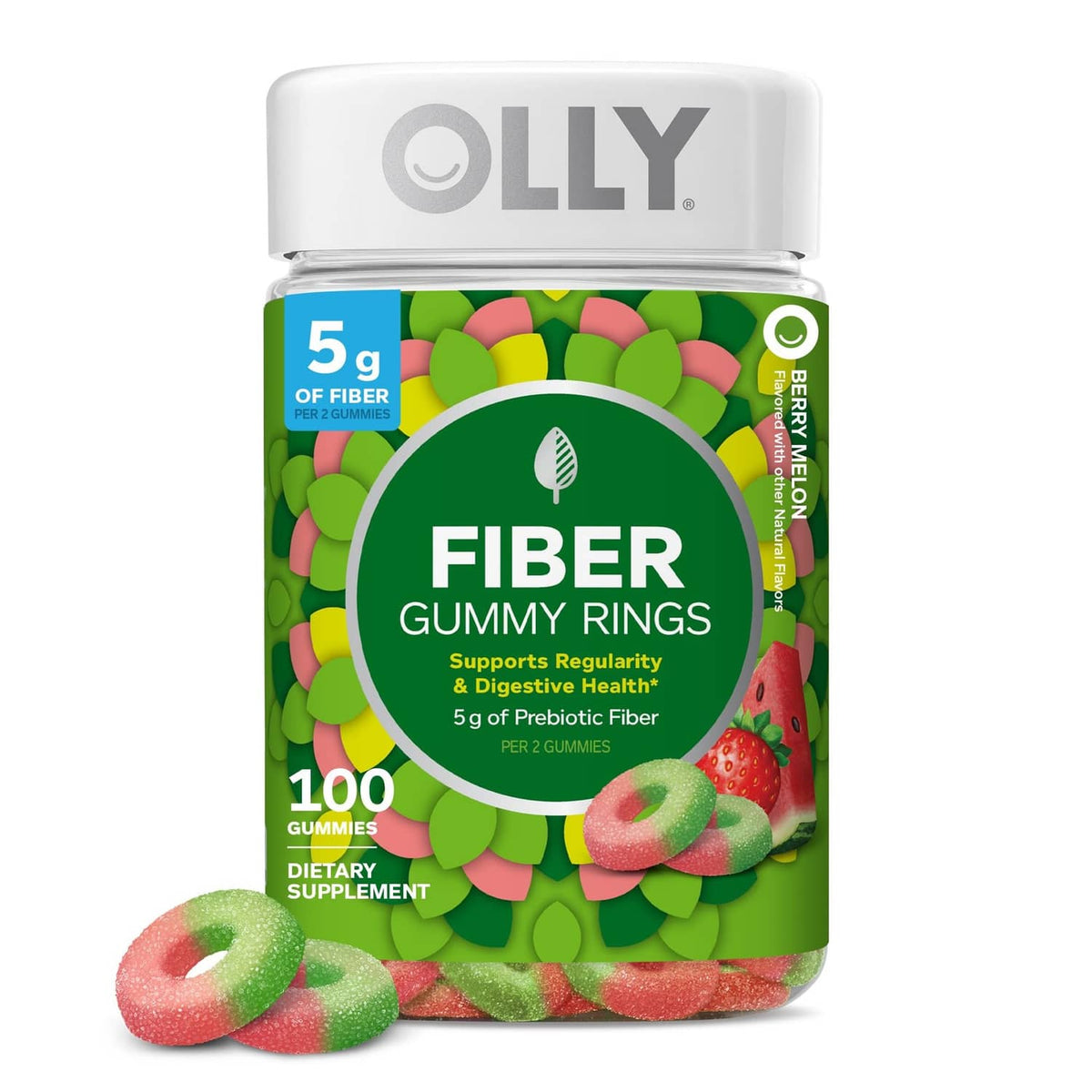 OLLY Fiber gummy rings supplement bottle with 100 gummies, 5g fiber per 2 gummies