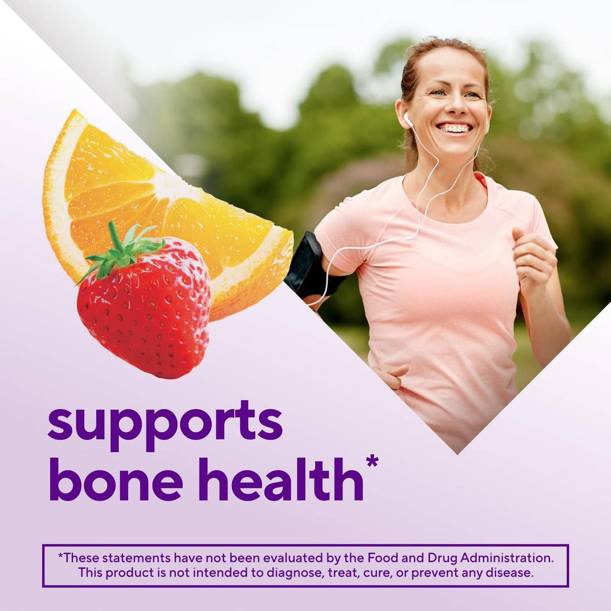 Promotional graphic featuring calcium gummies with strawberry and citrus fruit; running woman shown.