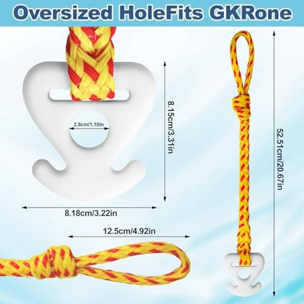 White tow-rope quick connector with oversized hole fitted to braided red-yellow rope