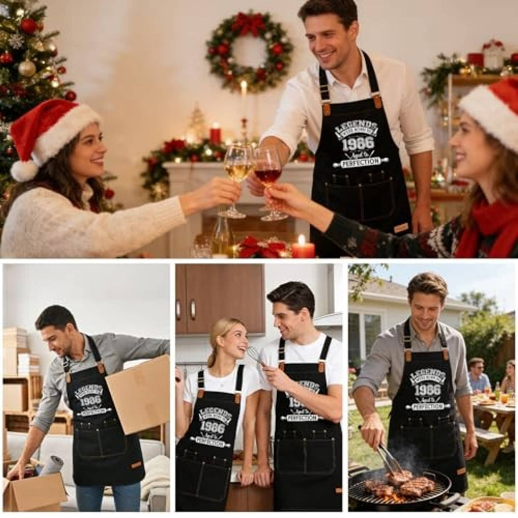 Black aprons with printed 1986 design, worn by people toasting at a festive gathering.