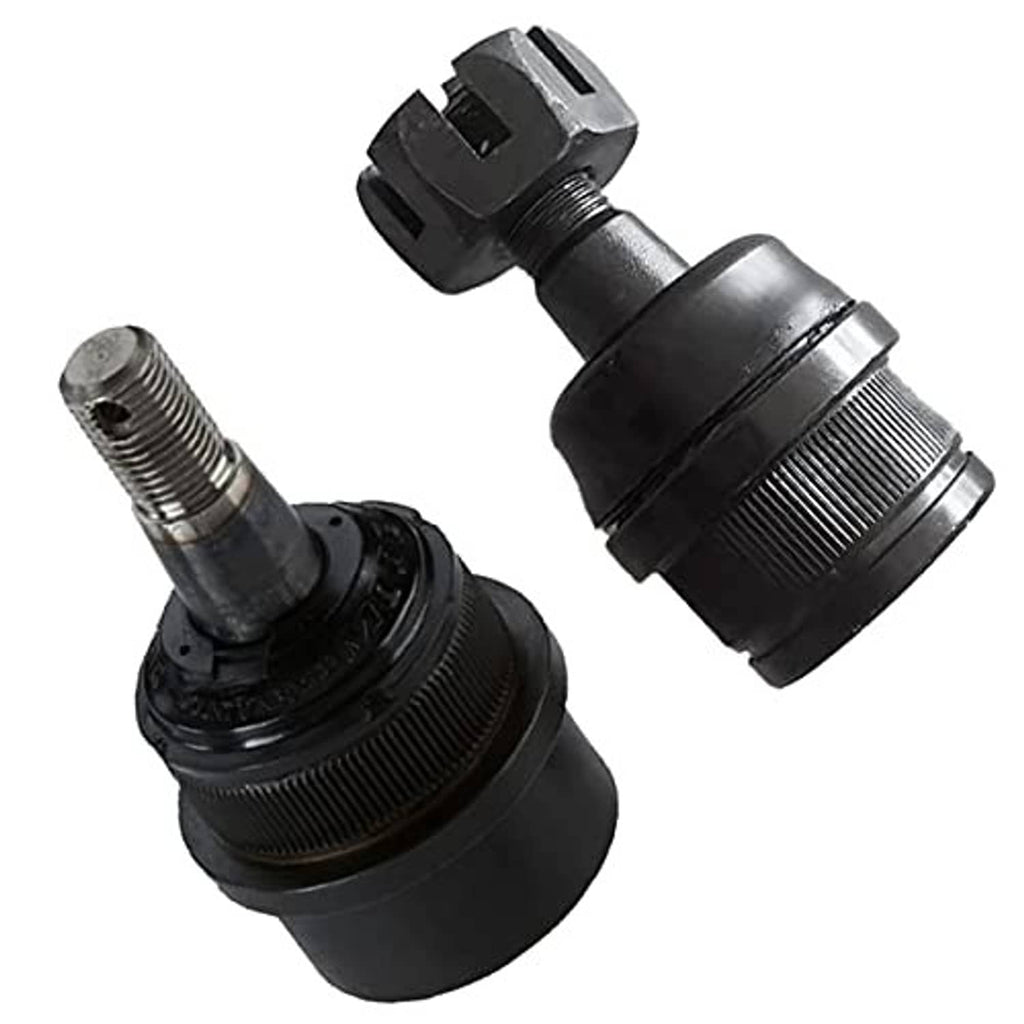 Two black ball joints with threaded studs and rubber boots, side-by-side