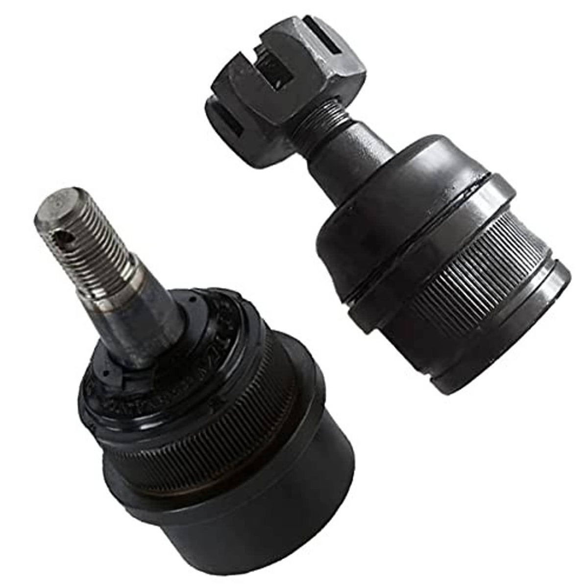 Two black ball joints with threaded studs and rubber boots, side-by-side