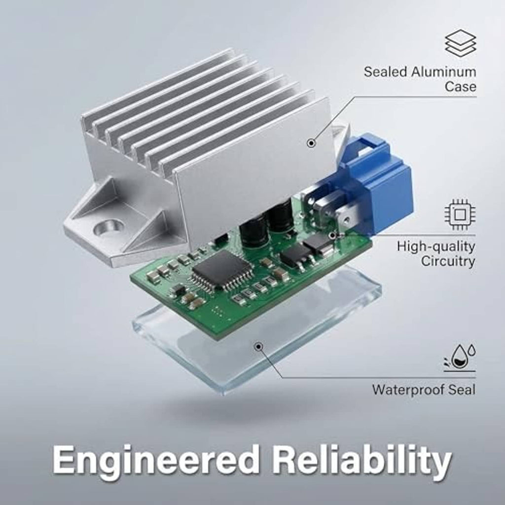 Voltage regulator circuit board with sealed silver aluminum case and blue connector