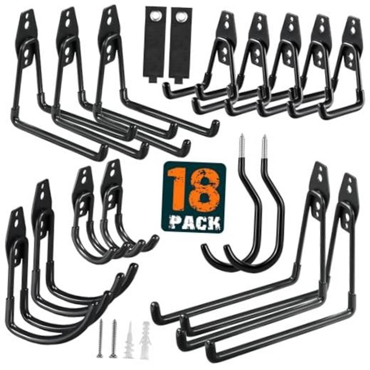 Black steel garage wall hooks set with curved hangers and mounting screws, anti-slip