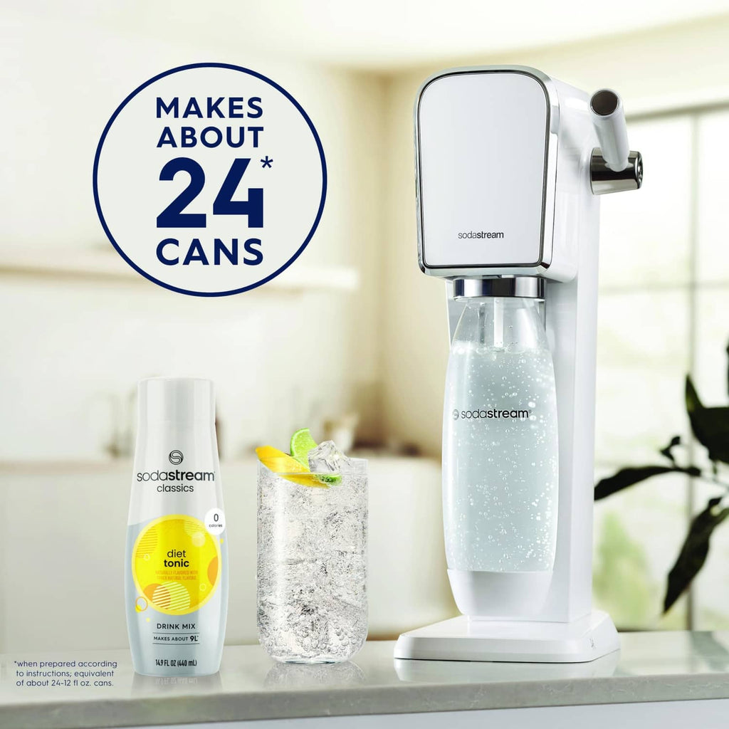 Sodastream diet tonic drink mix can with carbonated tonic bottle