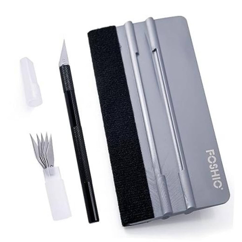 Window tint felt squeegee with black felt pad and black craft knife, accessory pieces included