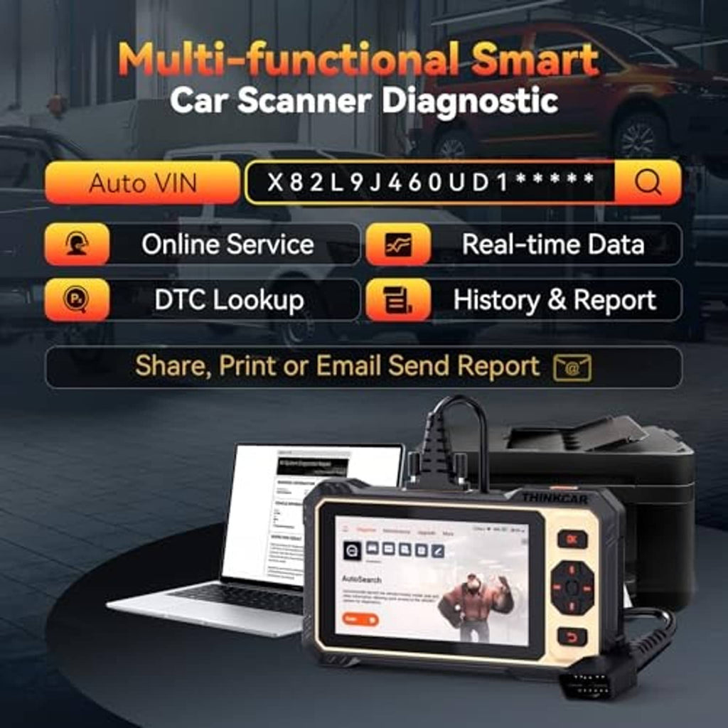 Multi-function car diagnostic scanner with touchscreen and connected cable for reporting