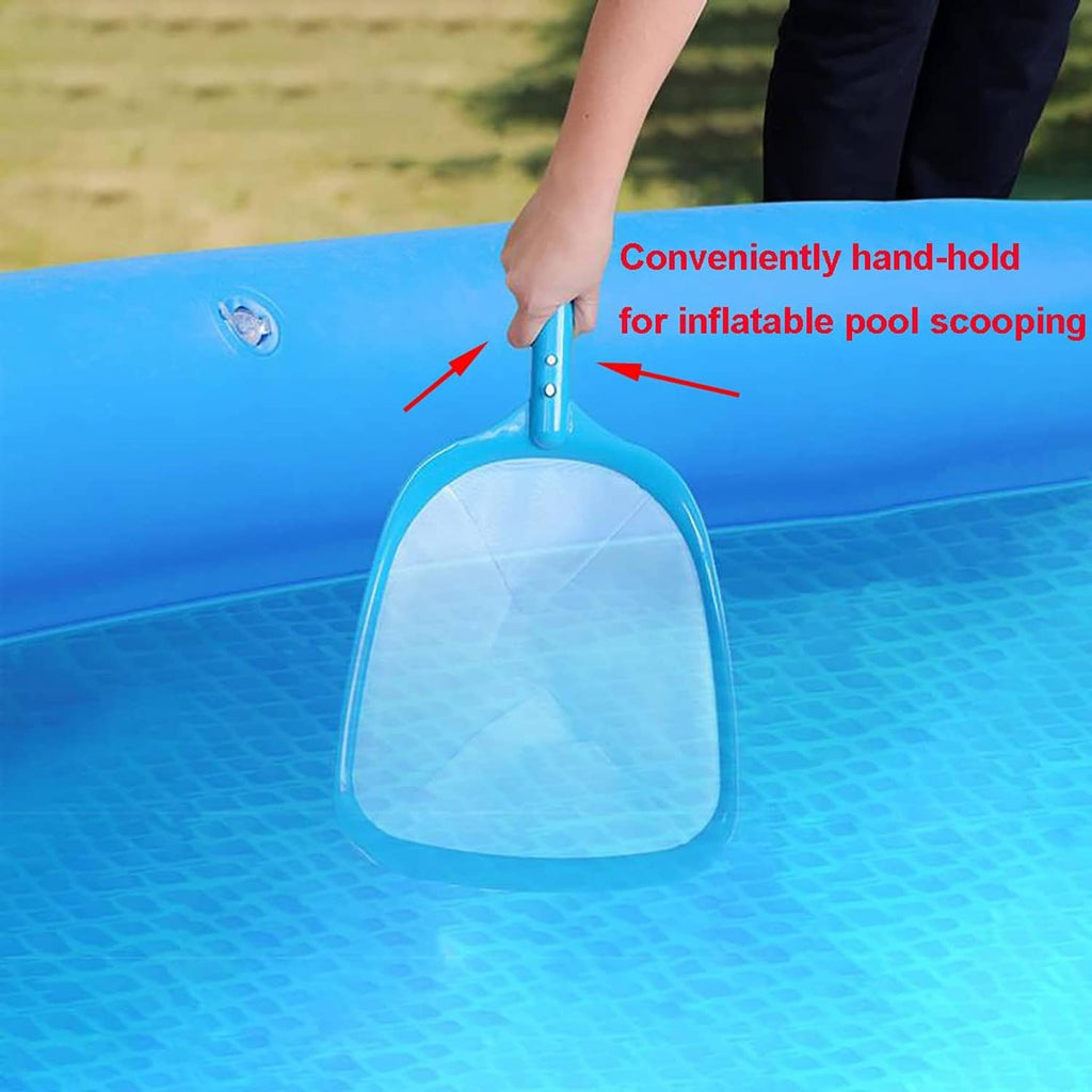 Hand-held blue pool skimmer rake with white fine-mesh scoop for inflatable pools.