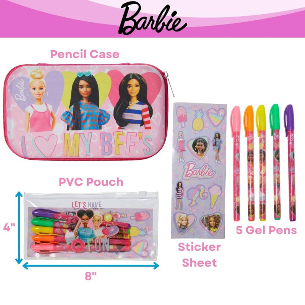 Pink transparent pencil pouch with Barbie stickers and five multicolor gel pens