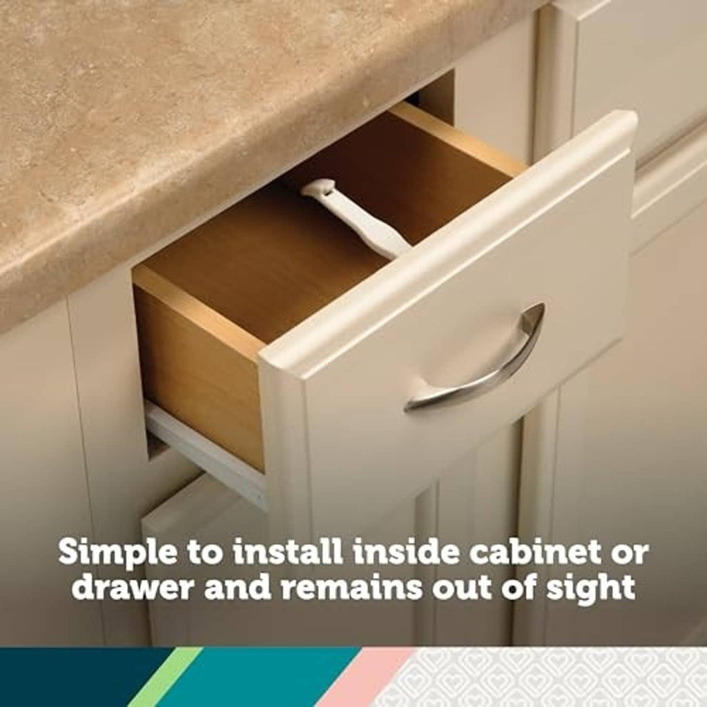 Babyproofing cabinet and drawer latch inside a drawer, white safety lock