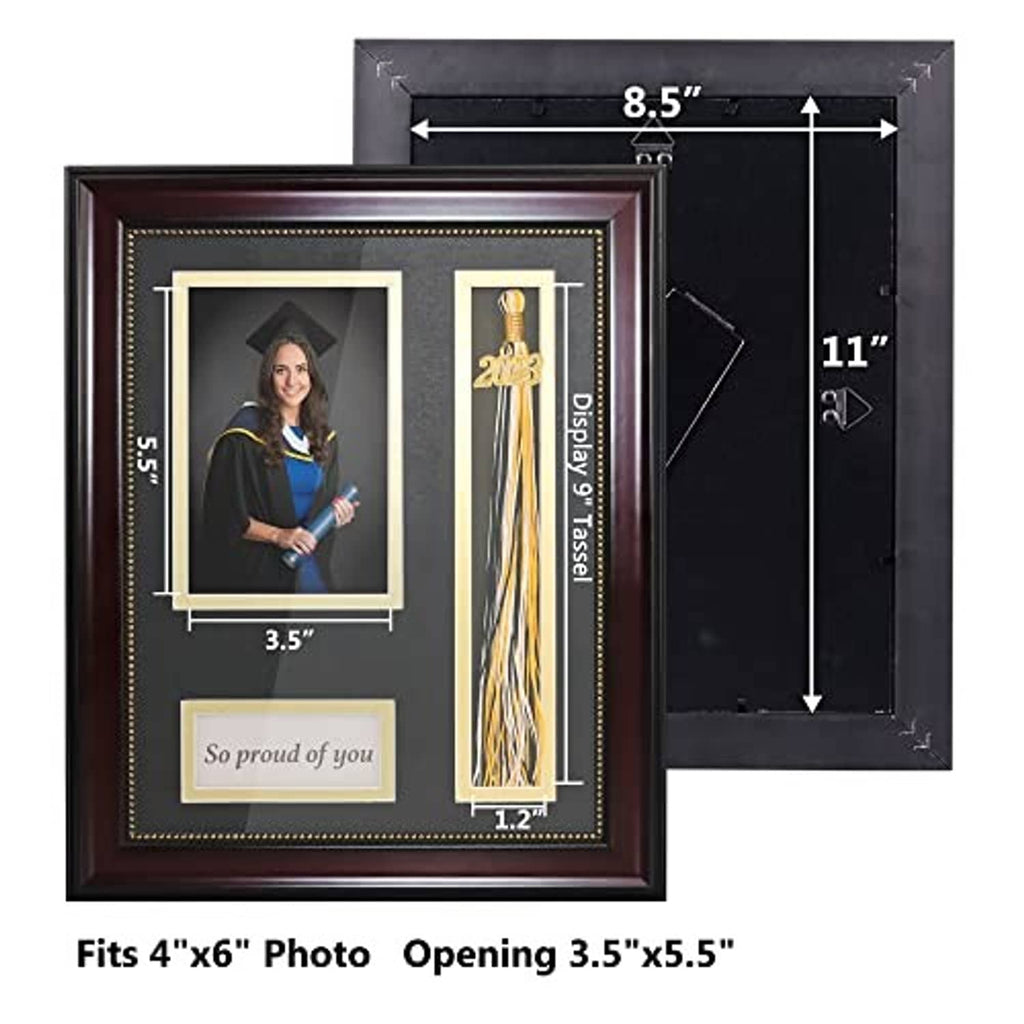Graduation photo shadow box frame size view with tassel holder and photo opening measurements