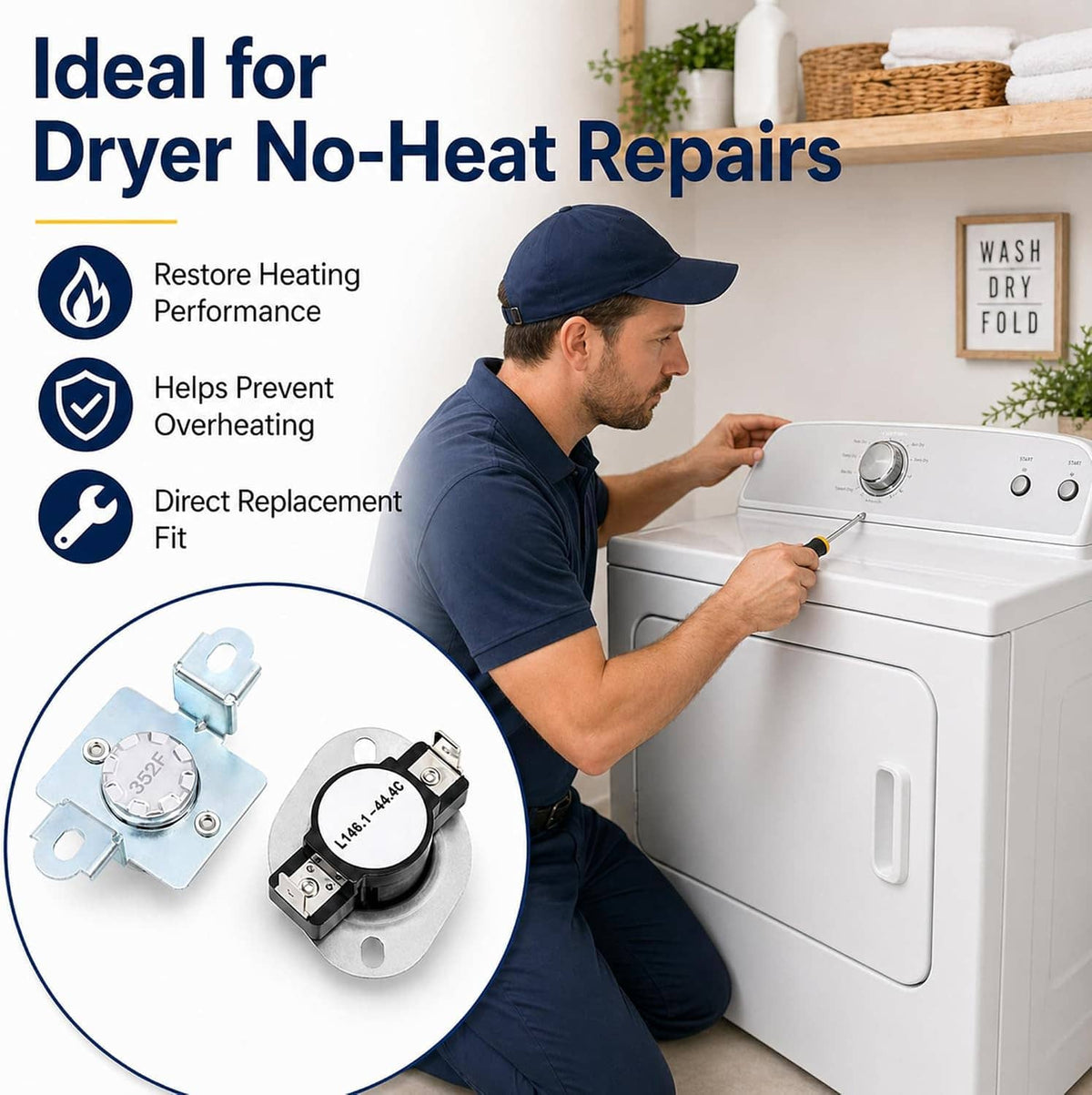 Dryer thermal cut-off fuse kit with two replacement thermal switches shown in use infographic