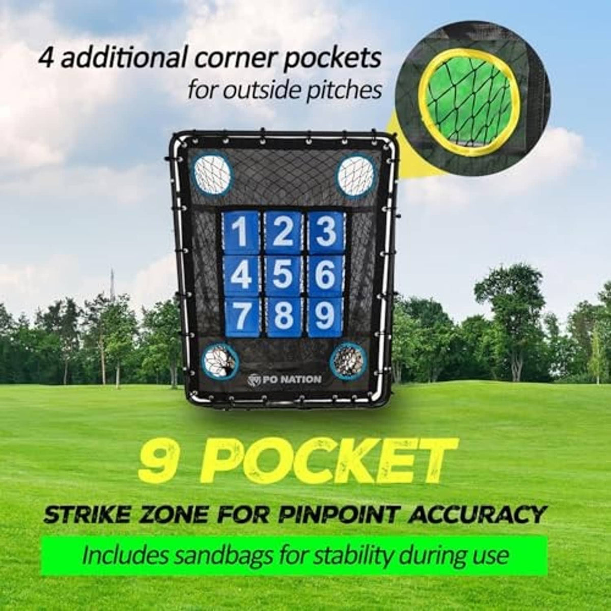Baseball pitching net with blue 1–9 strike zone target and corner pocket openings