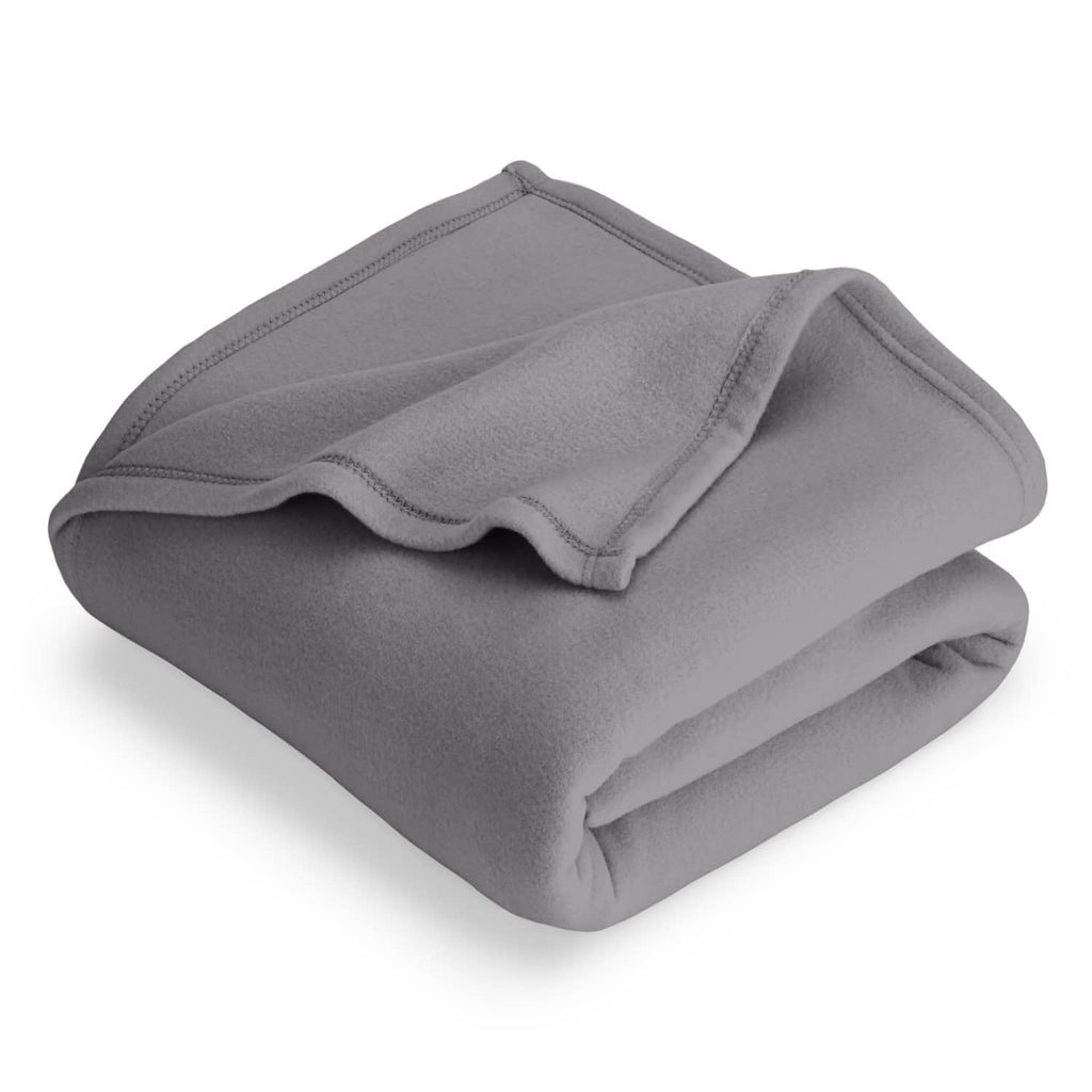 Gray full/queen fleece blanket folded with soft drape and stitched edges