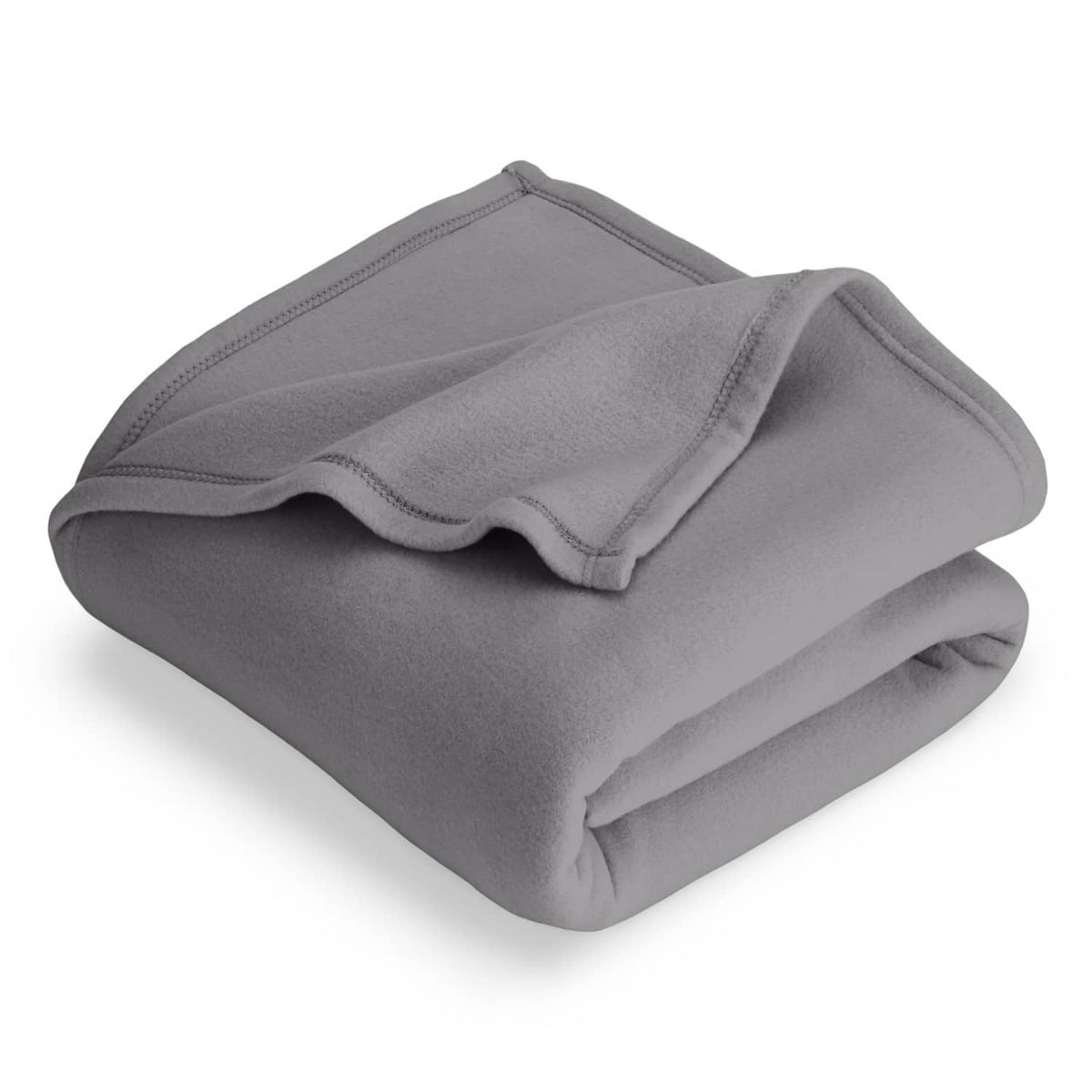 Gray full/queen fleece blanket folded with soft drape and stitched edges