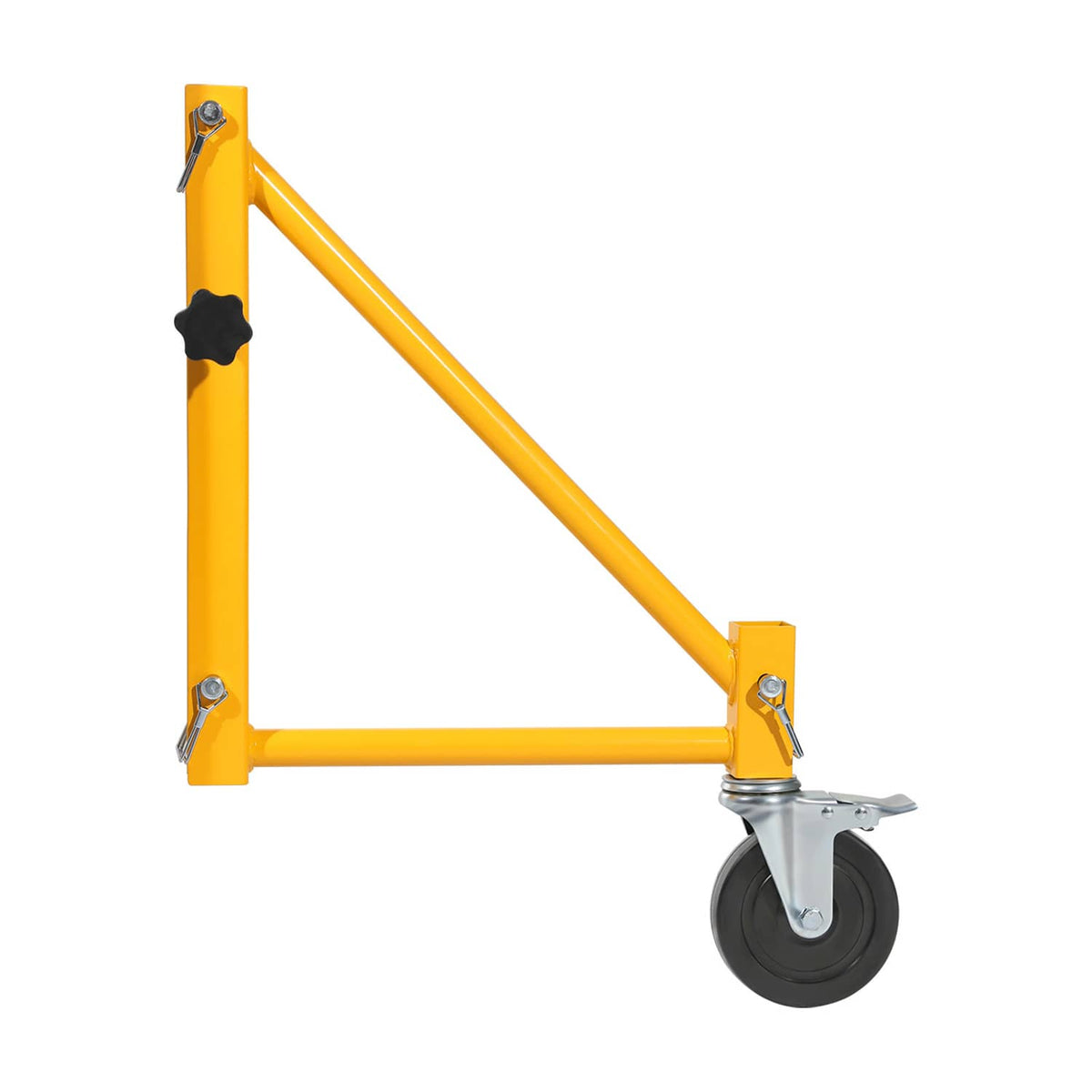 Yellow scaffolding outrigger frame with caster wheel and hinged clamp bracket