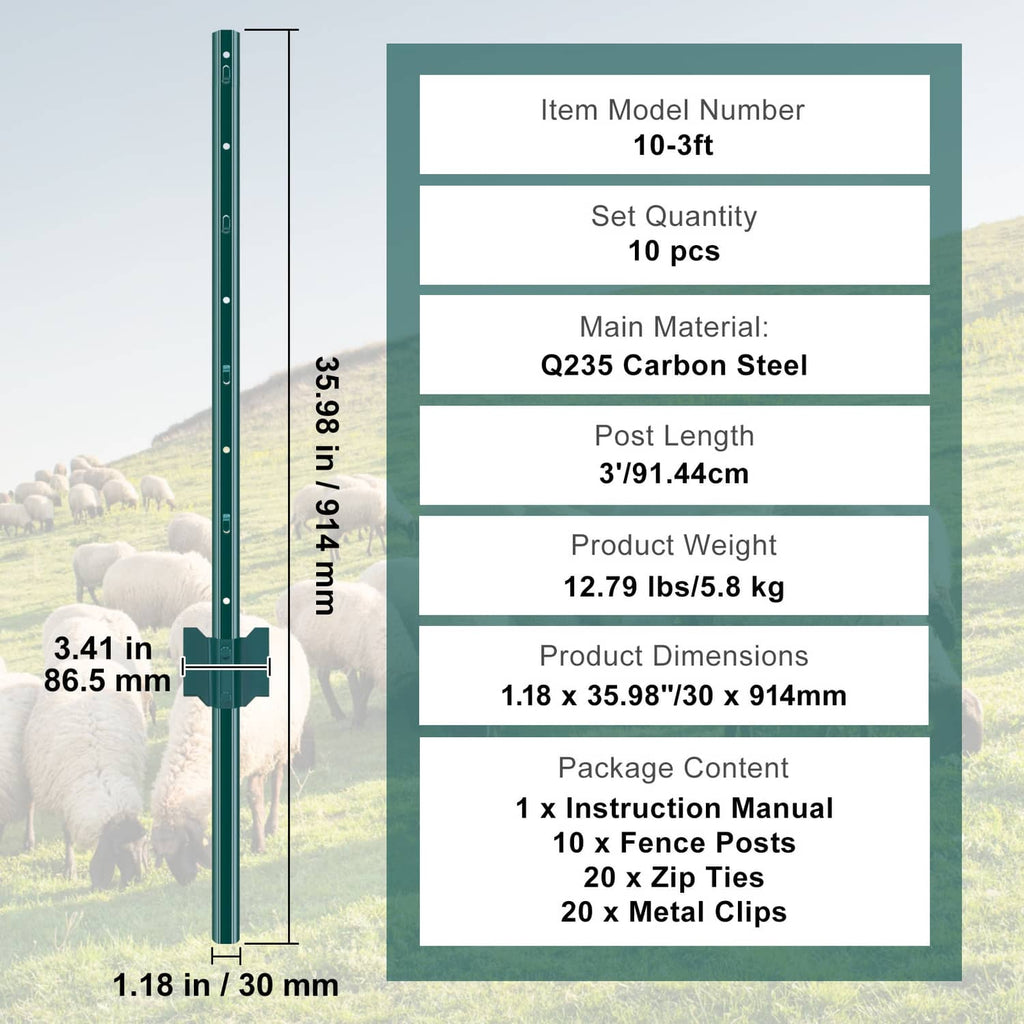 Green metal fence post with fixed anchor and mounting holes, 10-piece set