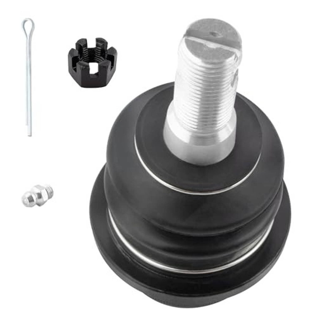 Front ball joint with black boot and threaded stud, clip, cotter pin and fasteners