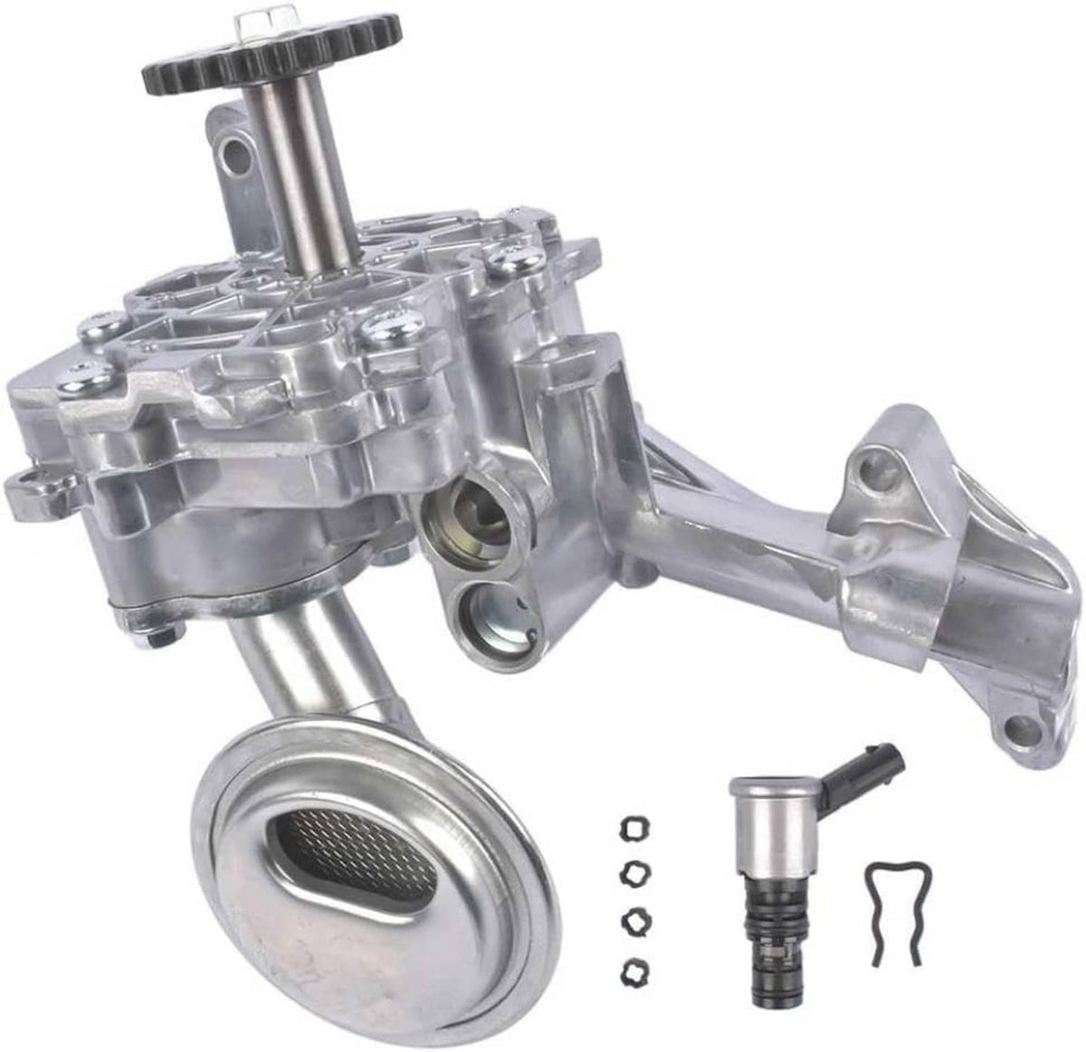 Metal oil pump assembly with circular strainer cover and mounting points
