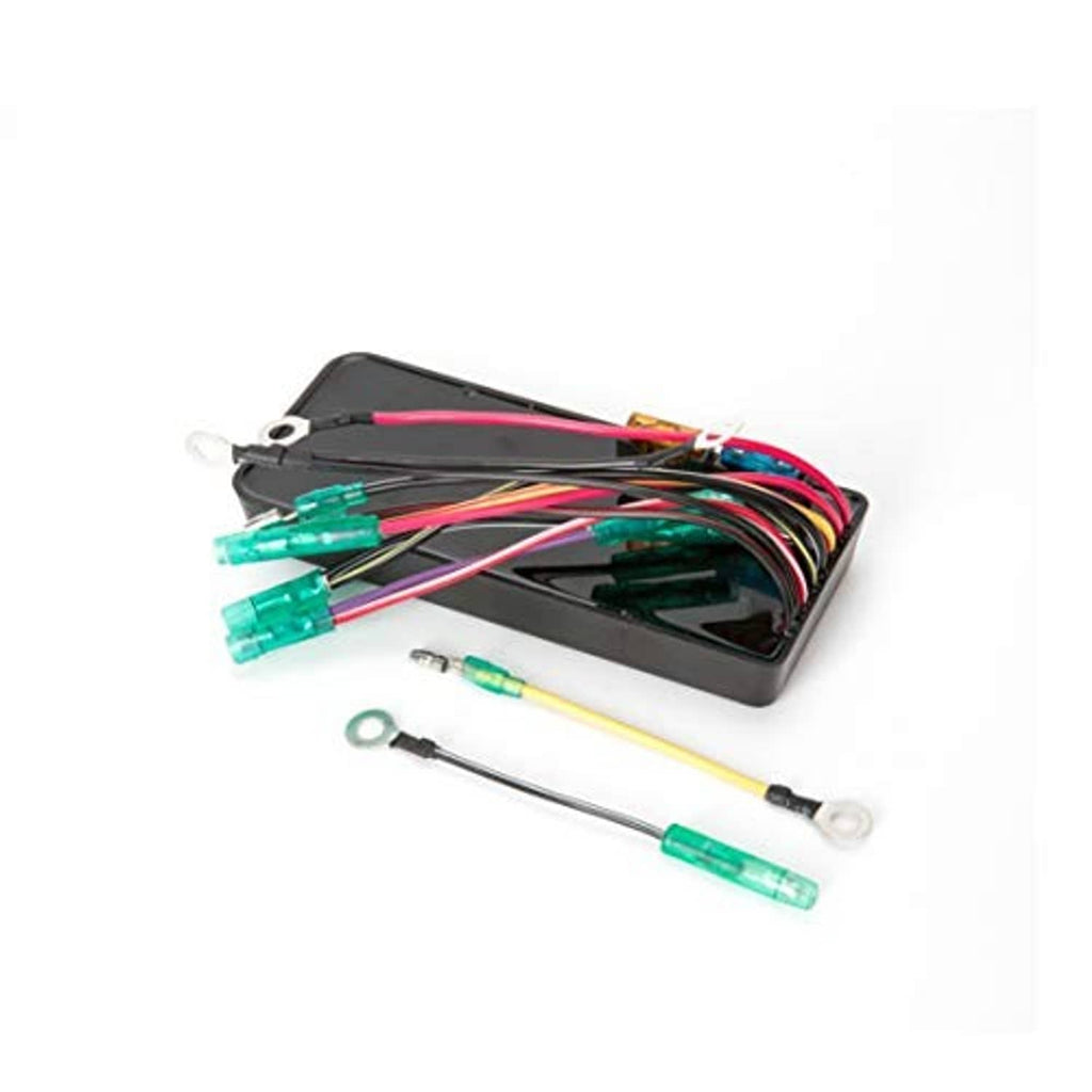 Jet ski CDI module with open black housing and multicolor wiring harness