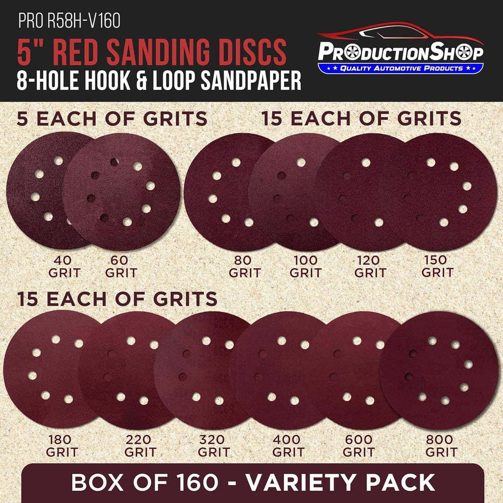 5-inch red 8-hole sanding disc variety pack with multiple grit discs laid out