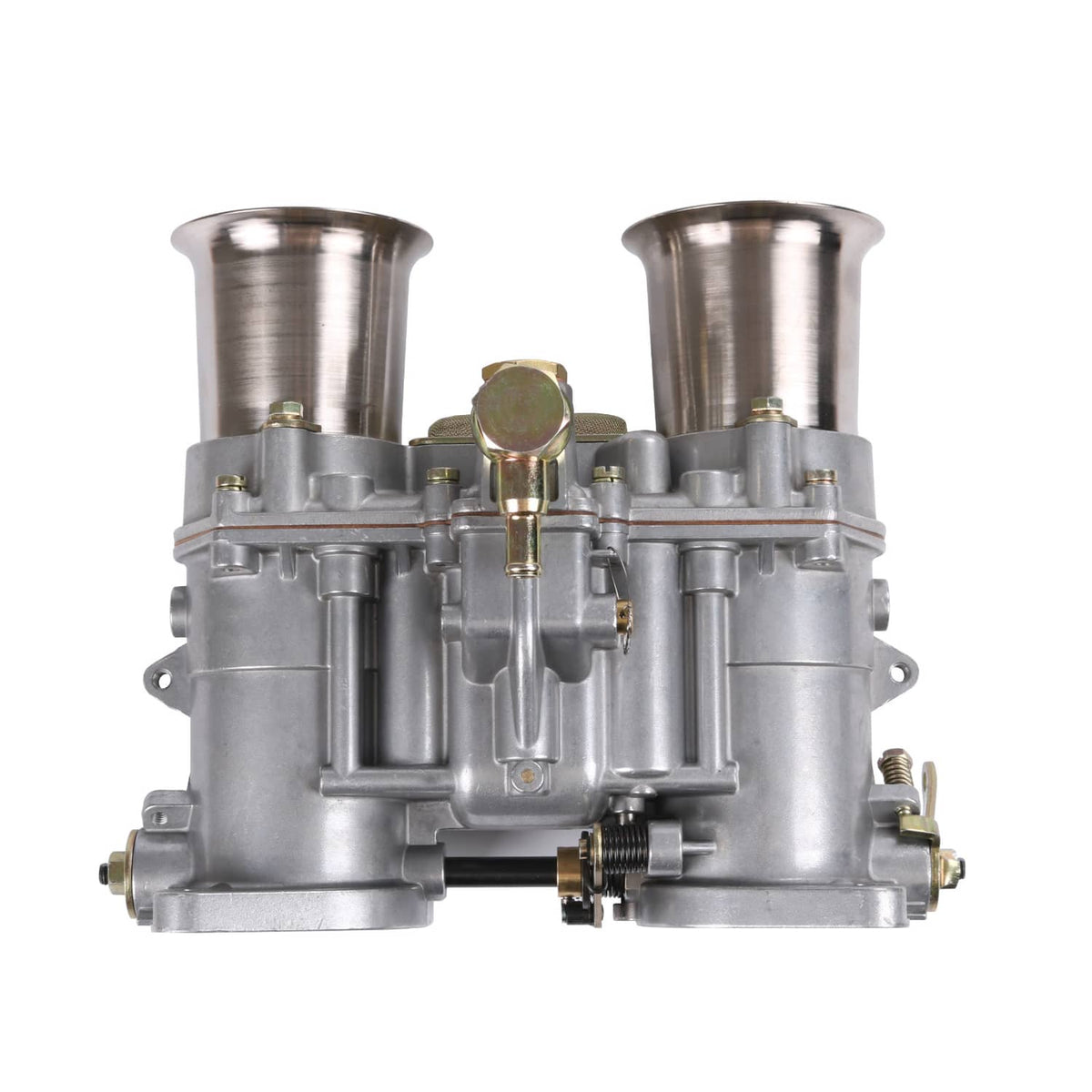 Dual-venturi carburetor with two air horns and brass adjustment components