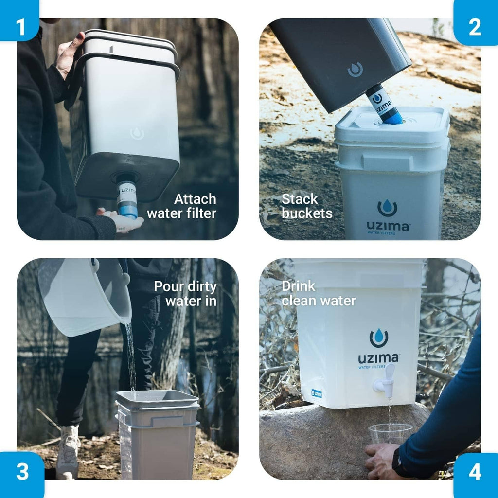 Portable water filter system with stacked buckets and detachable water filter