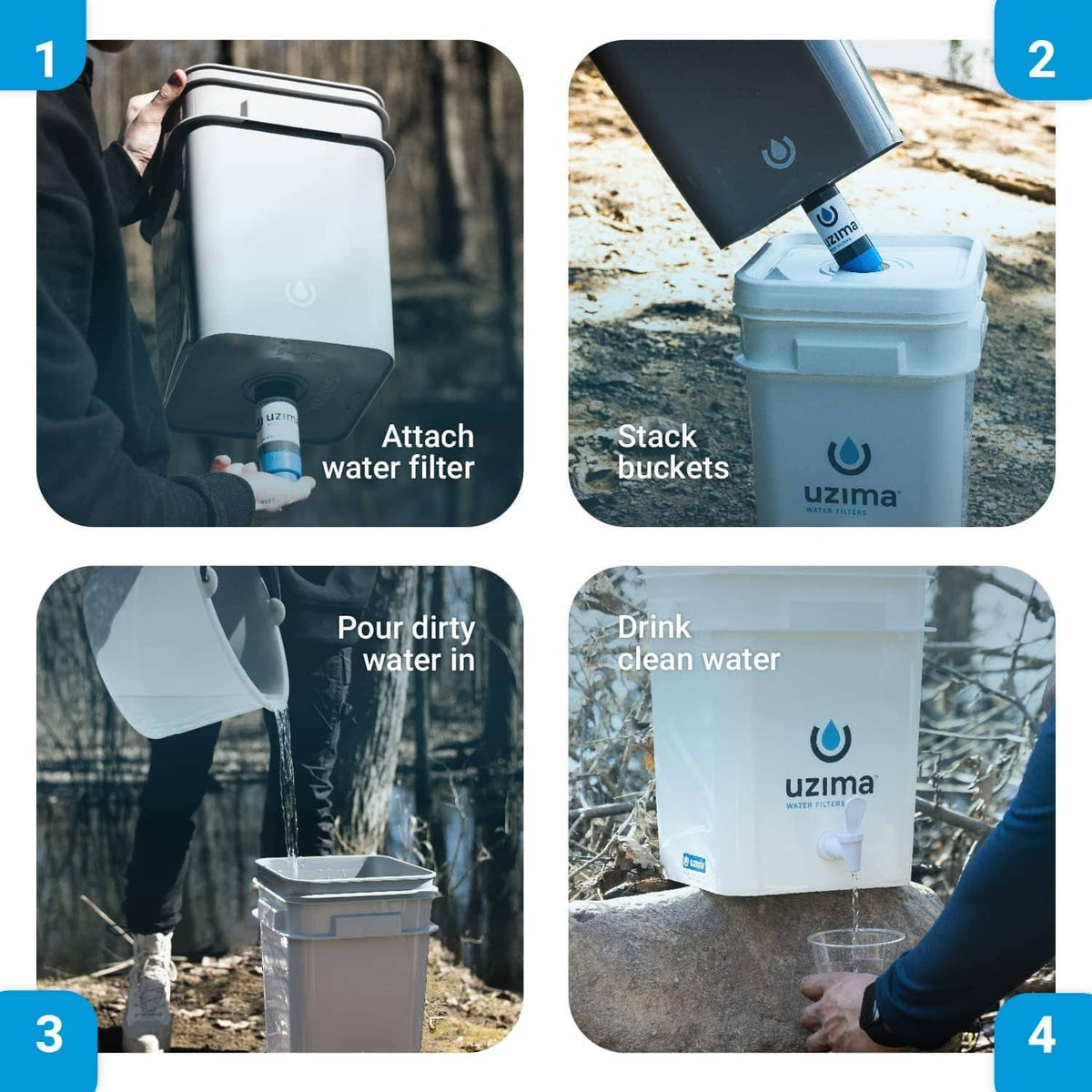 Portable water filter system with stacked buckets and detachable water filter