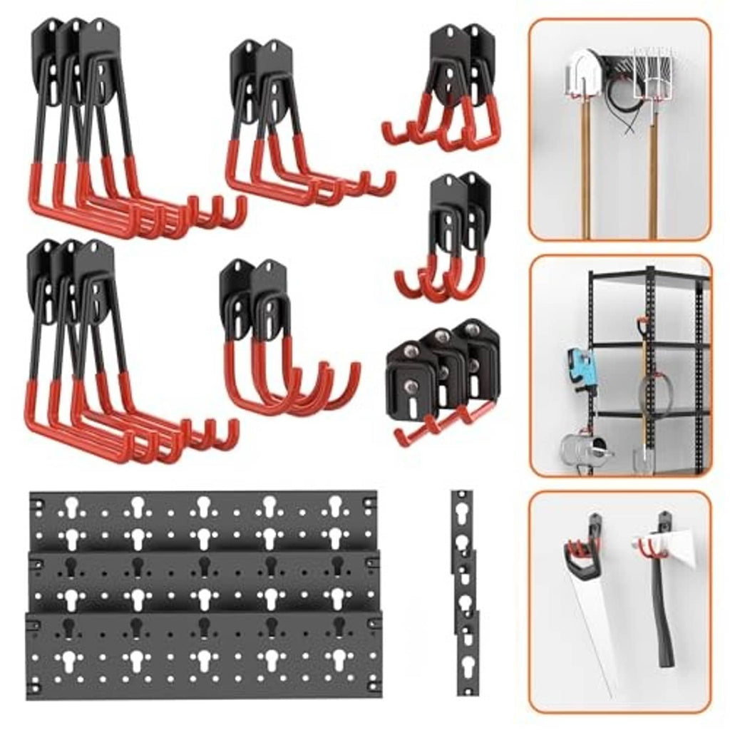 Garage tool storage hook set, black track and red-orange double hooks in multiple styles
