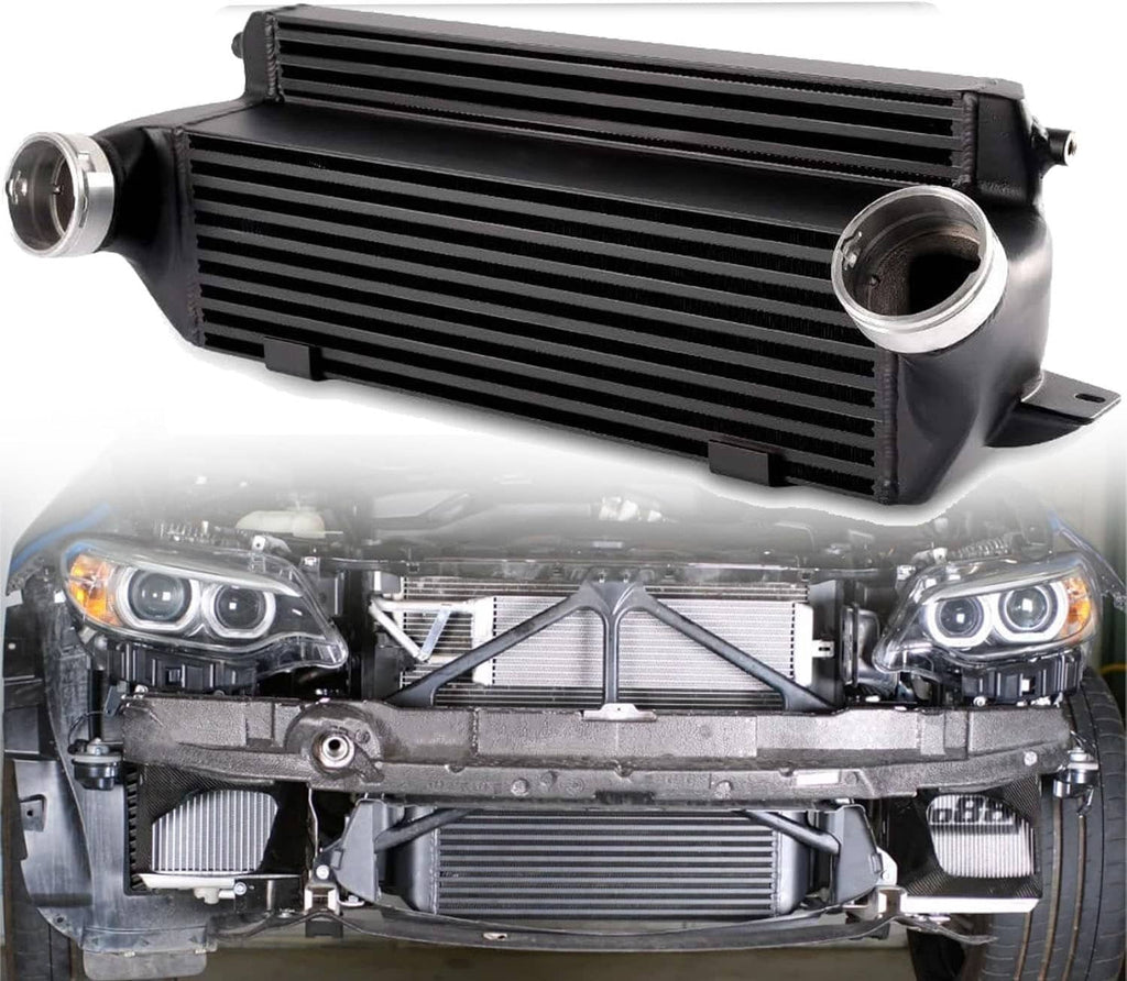 Front-mount intercooler kit with black finned core and two metal inlet/outlet pipes