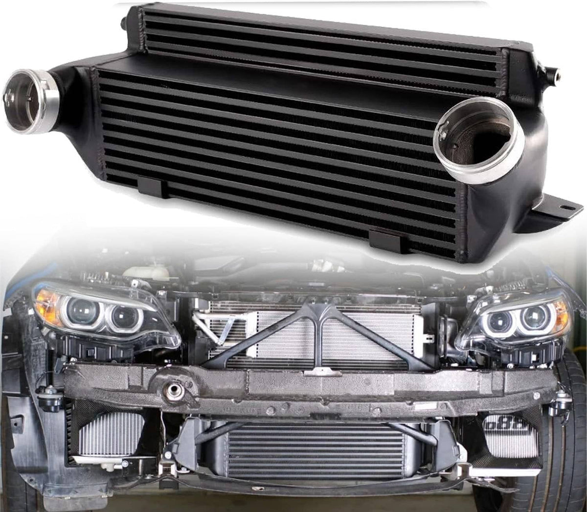 Front-mount intercooler kit with black finned core and two metal inlet/outlet pipes