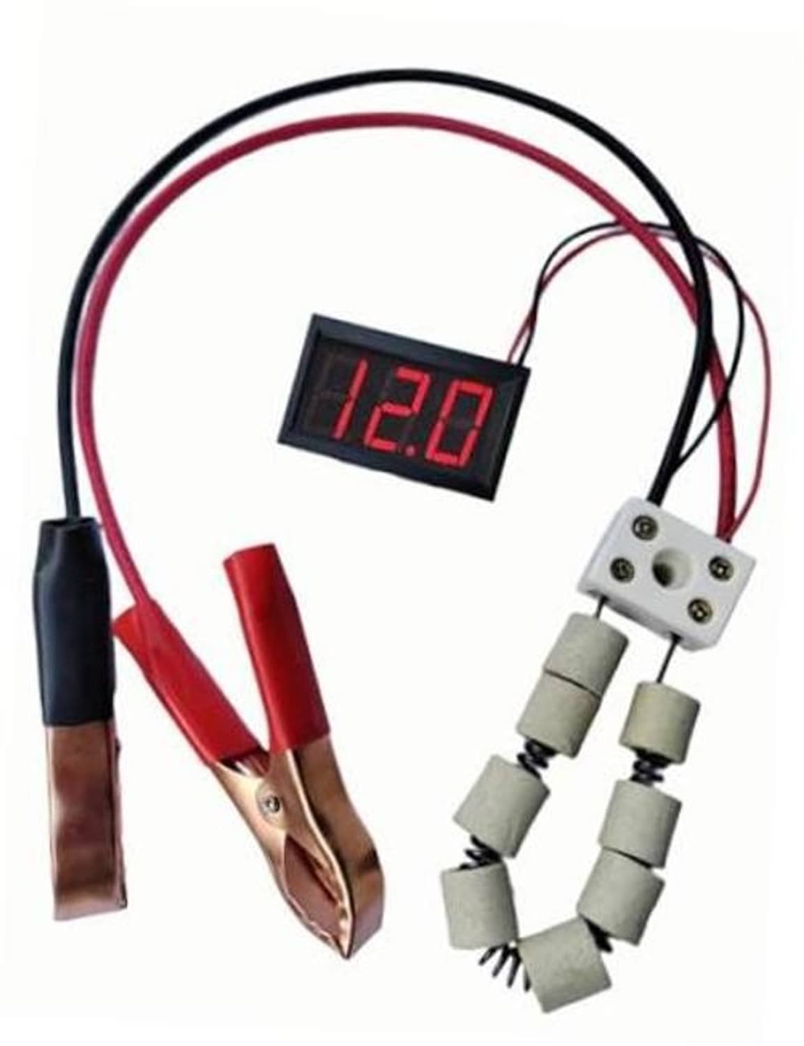 12V battery load tester with 12.0V digital display, red/black clips and cable harness