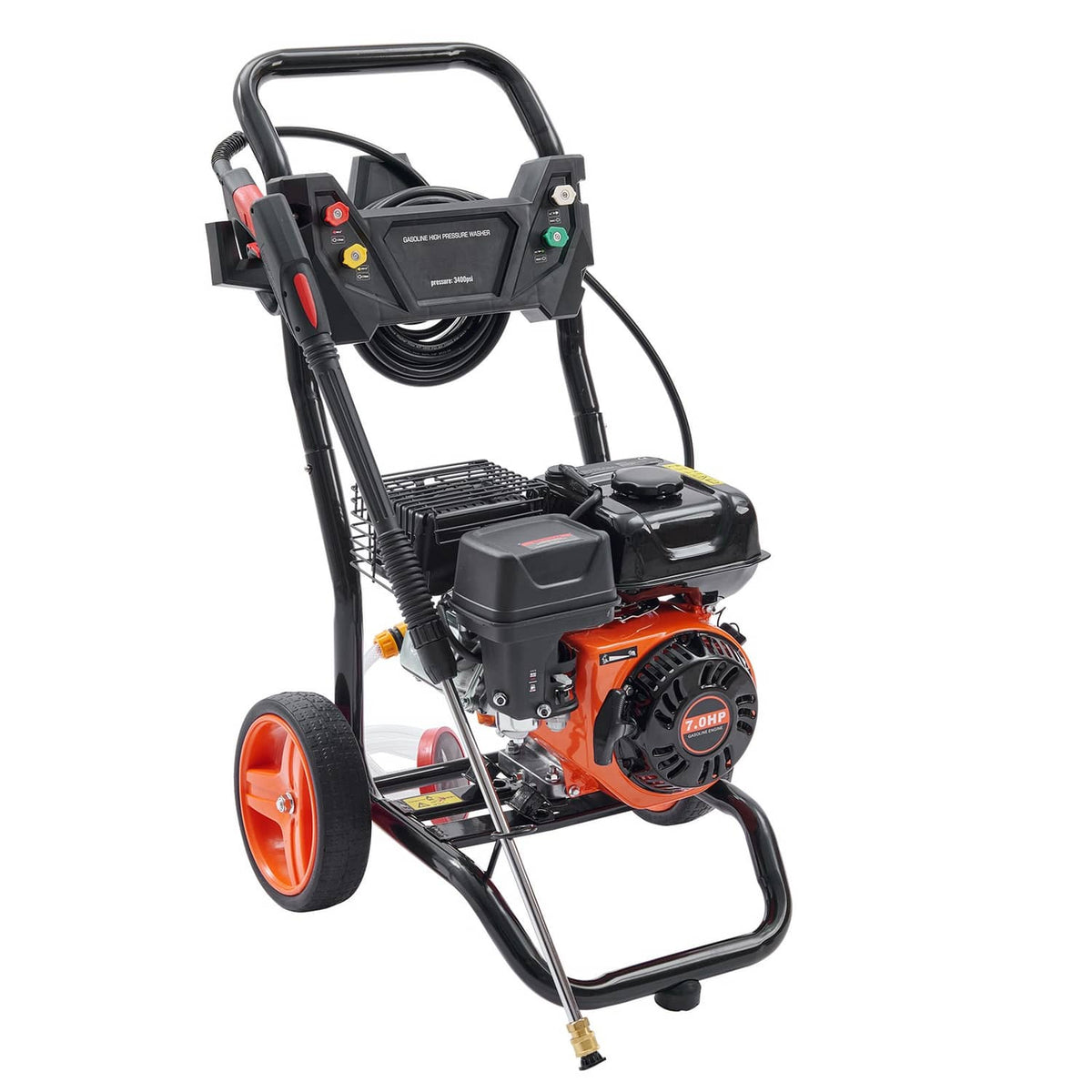 Gas pressure washer cart with black handle, orange wheels, black engine cover, and hose
