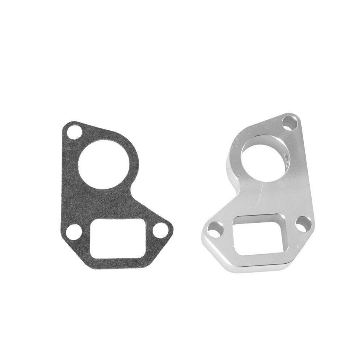 Water pump gasket set with black gasket and silver spacer block with openings