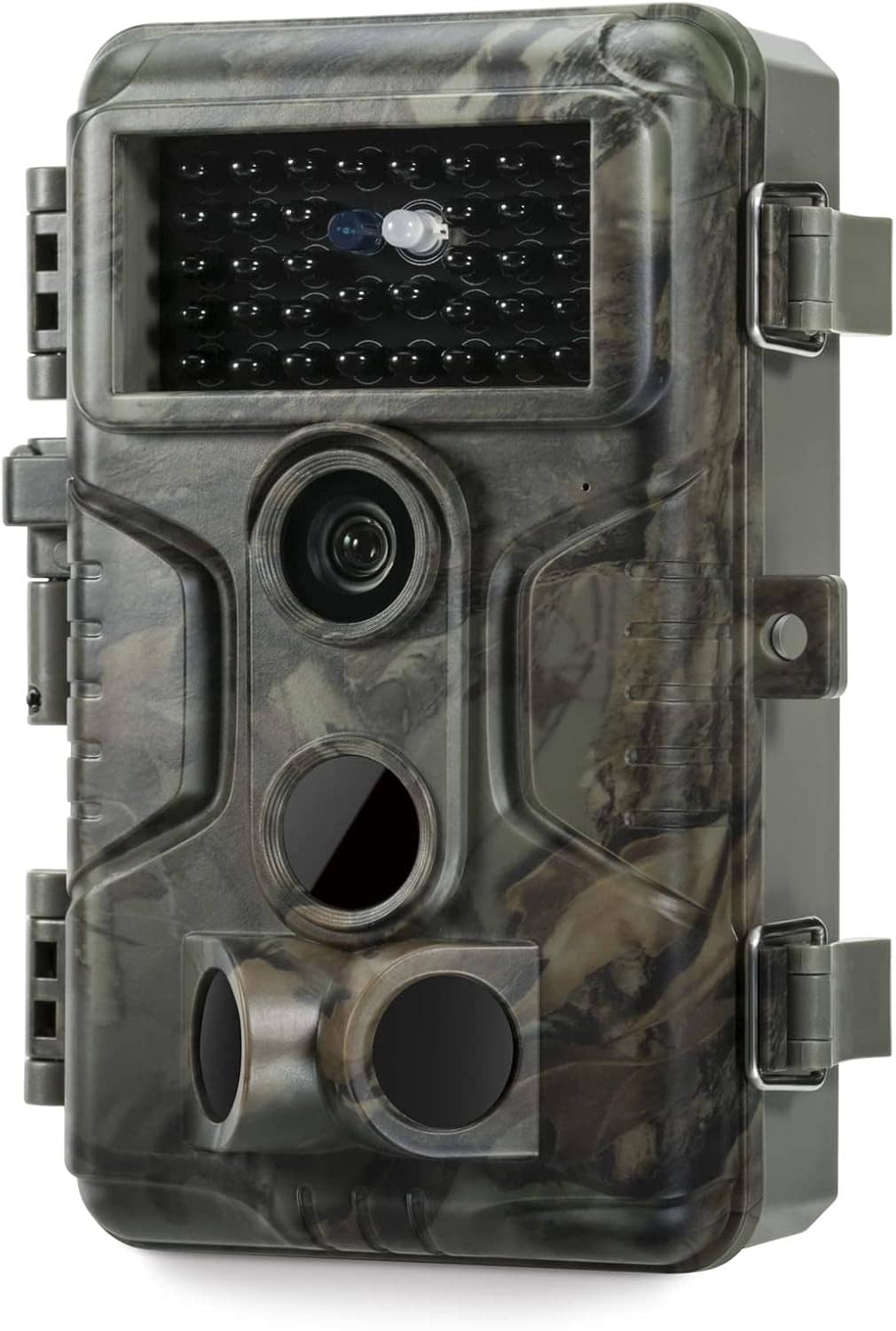 Camouflage trail camera front view with lens opening and rugged weatherproof housing