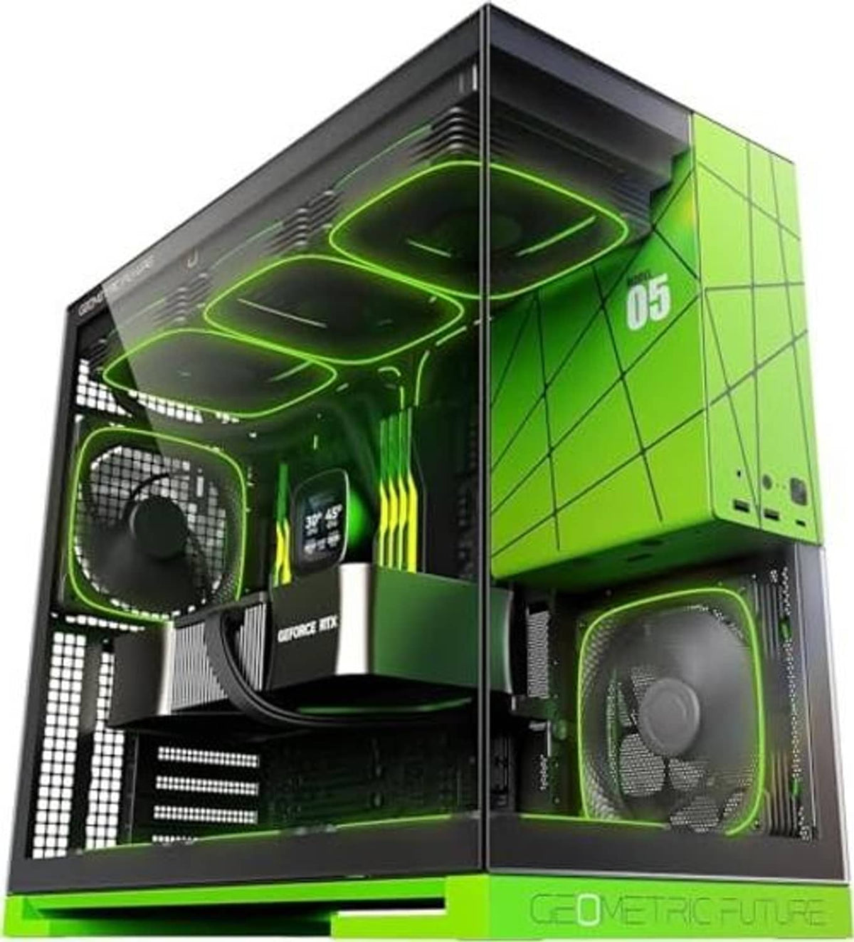 Black gaming PC case with open tempered glass panels and green LED-lit fans