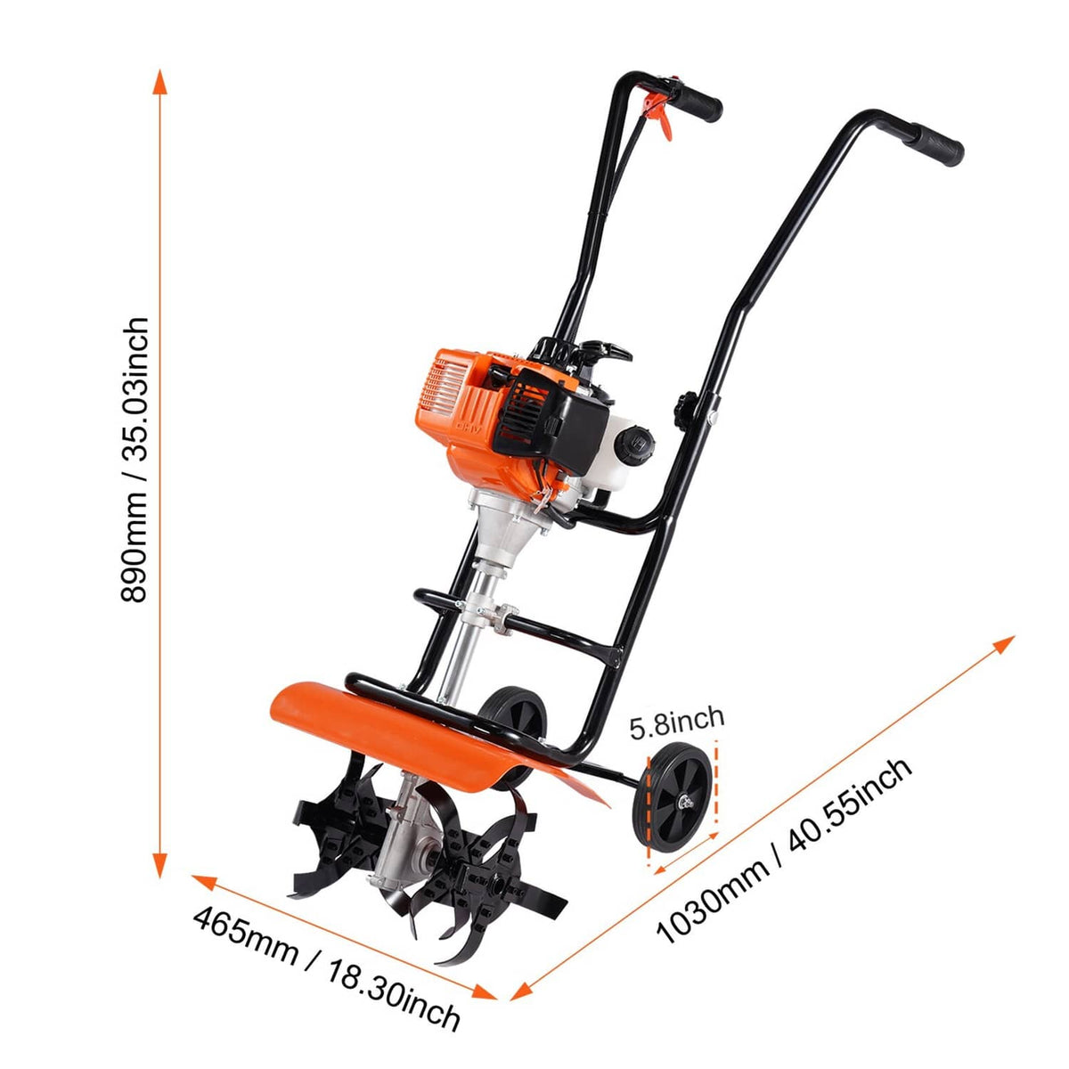 Orange and black gas garden tiller cultivator with measuring arrows over frame and tines