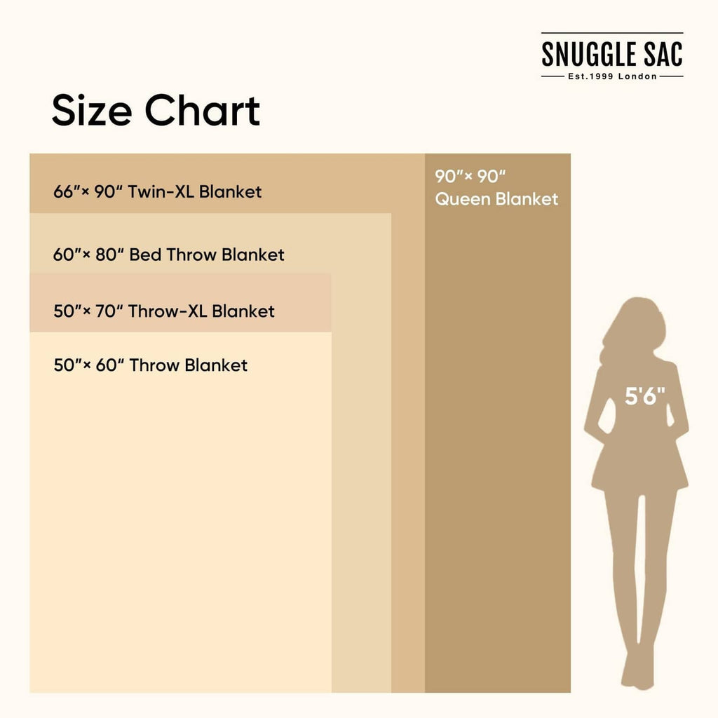 Size chart graphic for ivory throw blanket with throw and queen measurements
