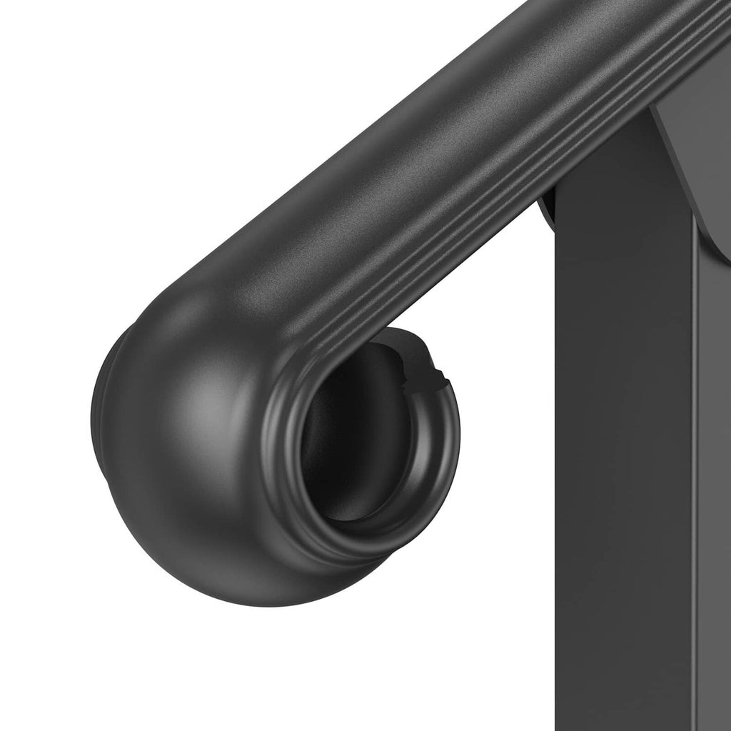 Wrought iron handrail end with circular bracket, dark gray finish