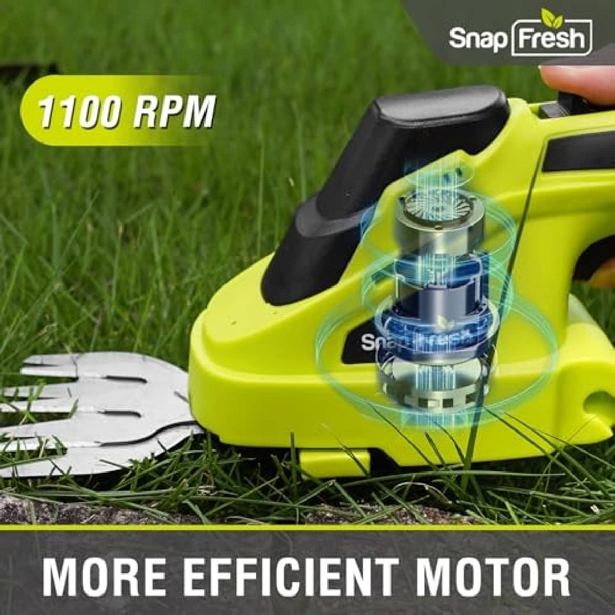 Close-up of lime green cordless trimmer motor housing on grass with safety guard.
